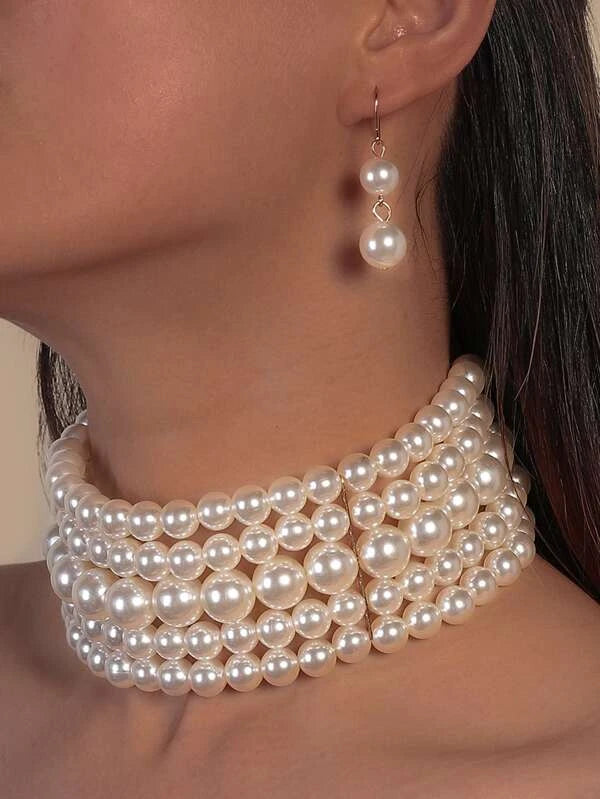 1pc Faux Pearl Beaded Necklace & 1pair Earrings
