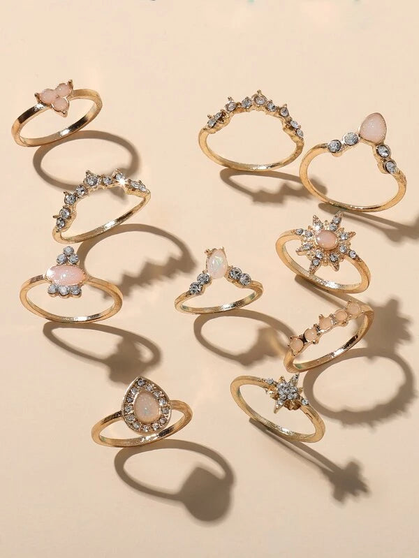 10pcs/set Rhinestone Inlaid Water Drop Design Ring Combination For Wo