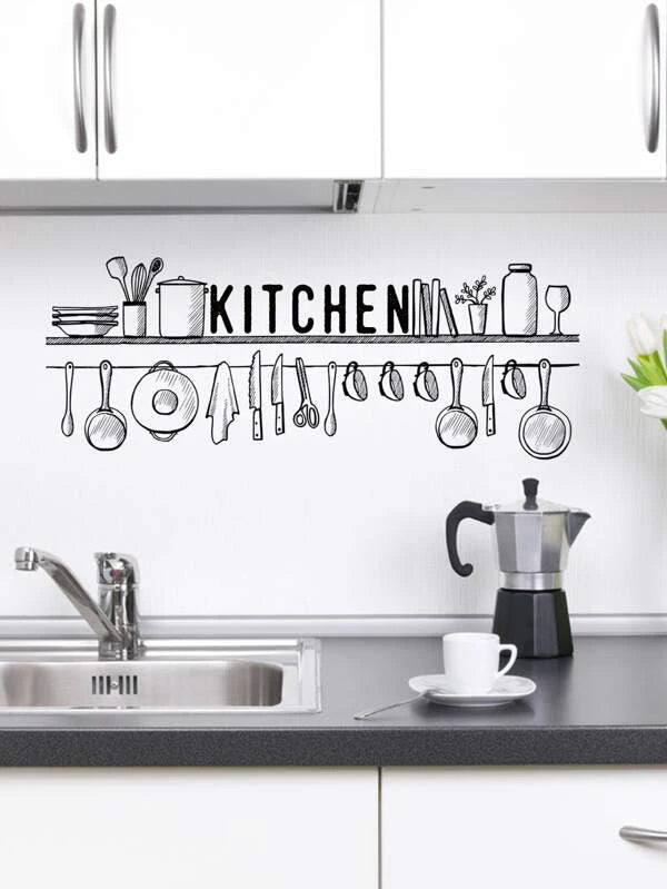 1pc Letter Graphic Kitchen Sticker, Black PVC Wall Art Decal For Home Decor