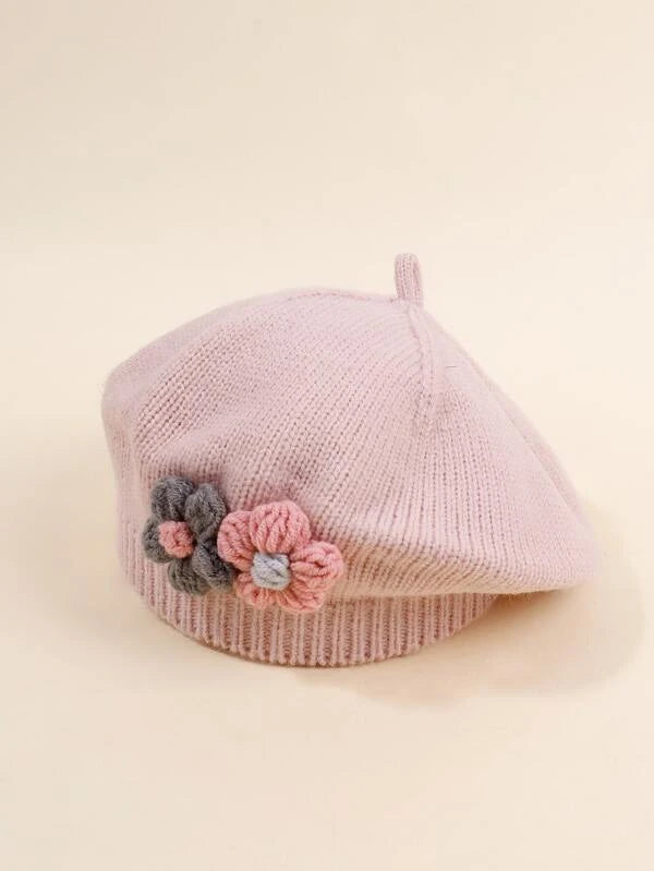 1pc Handmade Knitted Beret With Flower Applique For Toddler Girls In Autumn/winter