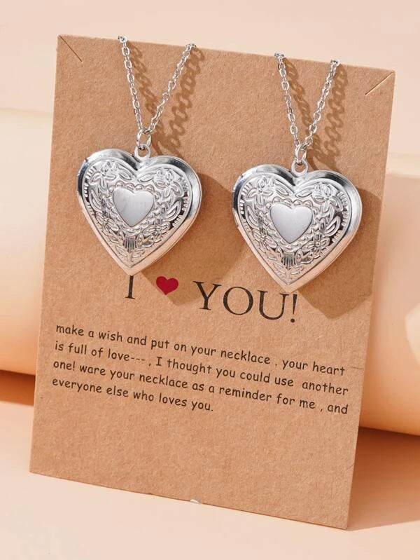 2pcs Silver Stainless Steel Heart Shaped Locket Pendant Necklac