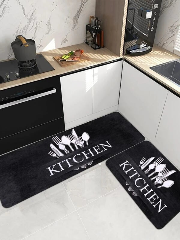 1pc Letter Graphic Kitchen Rug, Black-and-white Polyester Modern Anti-slip Kitchen Mat, For Home Kitchen Decor