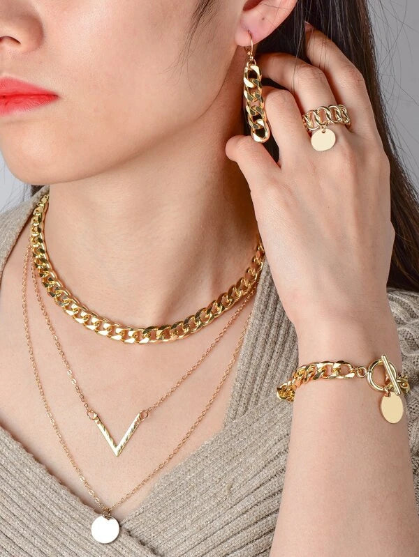 5pcs Disc Charm Necklace & Earrings & Bracelet & Ring