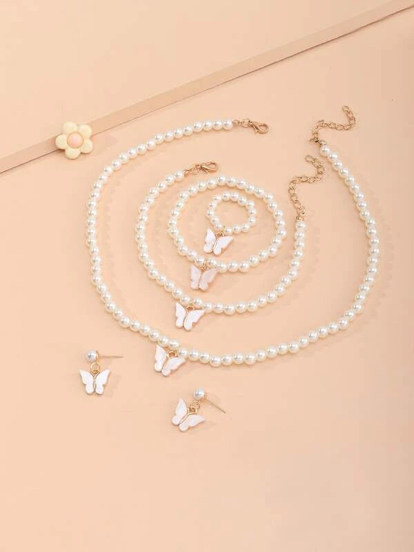 6pcs/set Fashion Plastic Butterfly & Faux Pearl Decor Jewelry Set For Girls For D