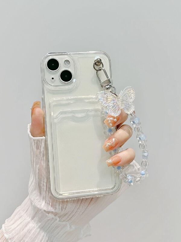 Clear Card Slot Phone Case With Butterfly Decor Lanyard