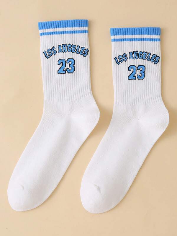 1pair Women Striped & Letter Graphic Casual Crew Socks For Daily