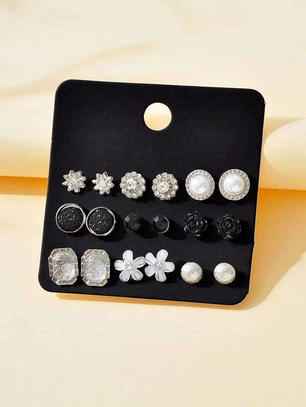 9pairs/set Rhinestone & Faux Pearl Decor Stud Earring