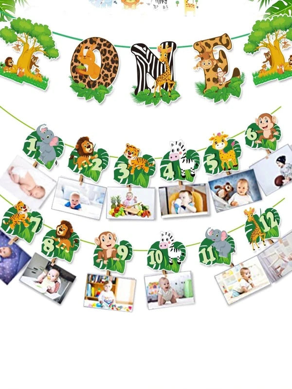 17pcs/set Paper Pull Flag, Cartoon Animal Pattern Hanging Decoration