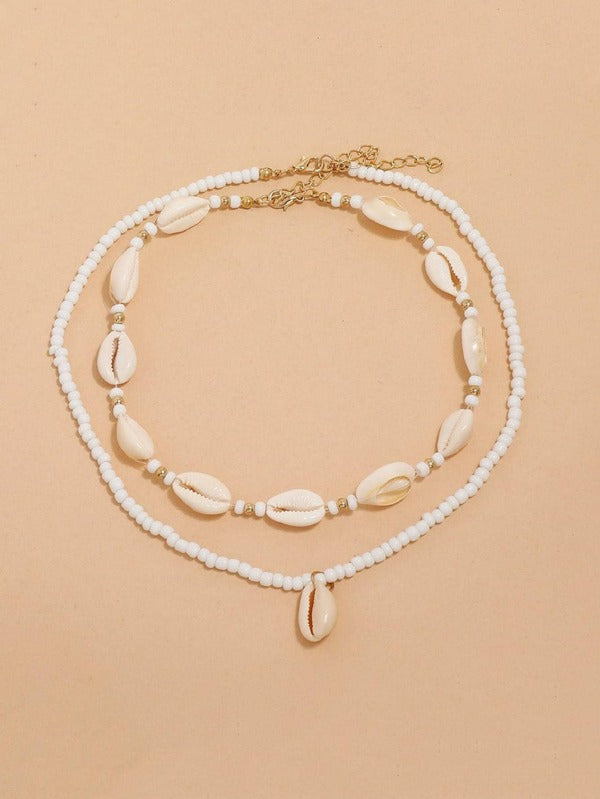 2قطع/طقم بوهيميا أبيض صدف و خرز طقم قلادة للنساء لفصل الربيع الصيف عطلة زخارف