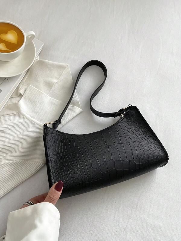 Crocodile Embossed Baguette Bag Small Zipper Black