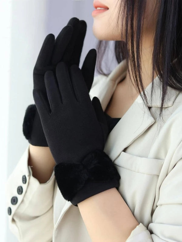 Bow Decor Solid Plush Lined Gloves