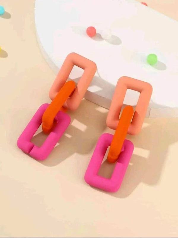 1pair Fashion Color Block Chain Design Drop Earrings For Women
