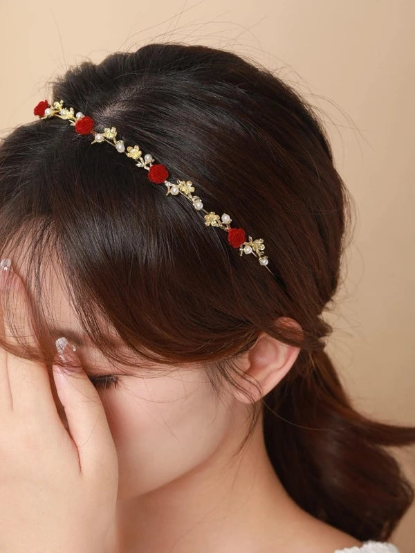 1pc Women Faux Pearl & Flower Decor Fashion Skinny Headband F