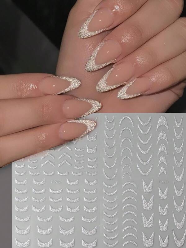 2 ورقة بريق فرنسي ثلاثي الأبعاد مخطط للأظافر ملصق فني للأظافر