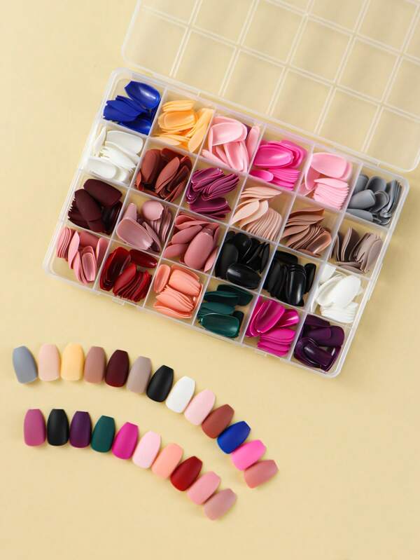 24 Grids Matte Short Ballet Nails, Frosted False Nails Set With Col