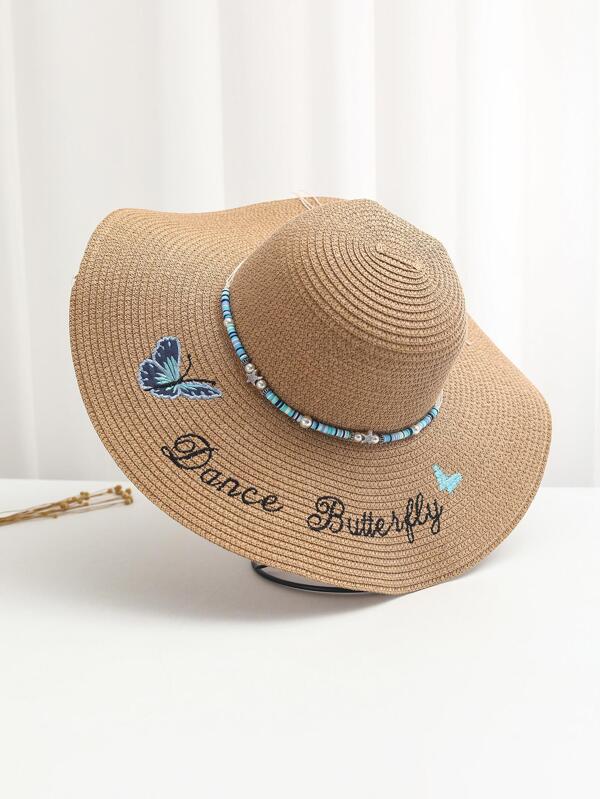 Butterfly & Letter Embroidered Bead Decor Straw Hat
