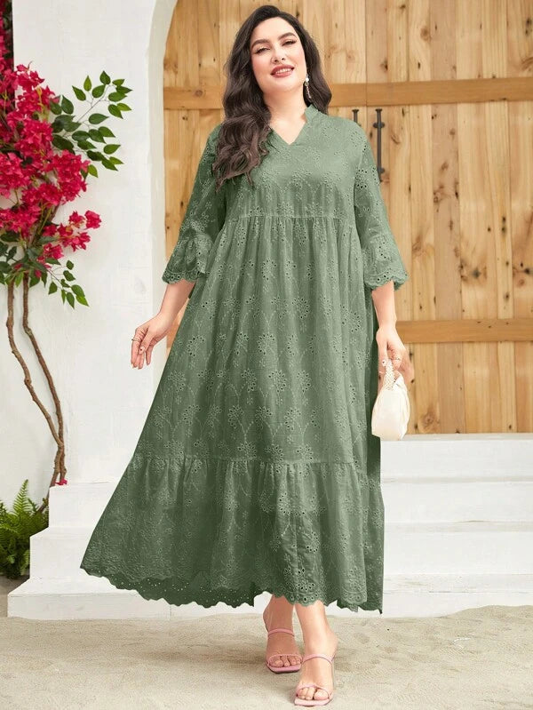 SHEIN Modely Plus Notched Neck Ruffle Hem Smock Dress