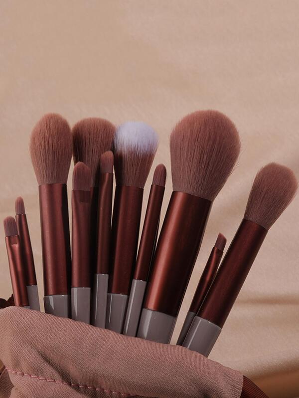 13pcs Coffee Colored Makeup Brushes In Cloth Bag