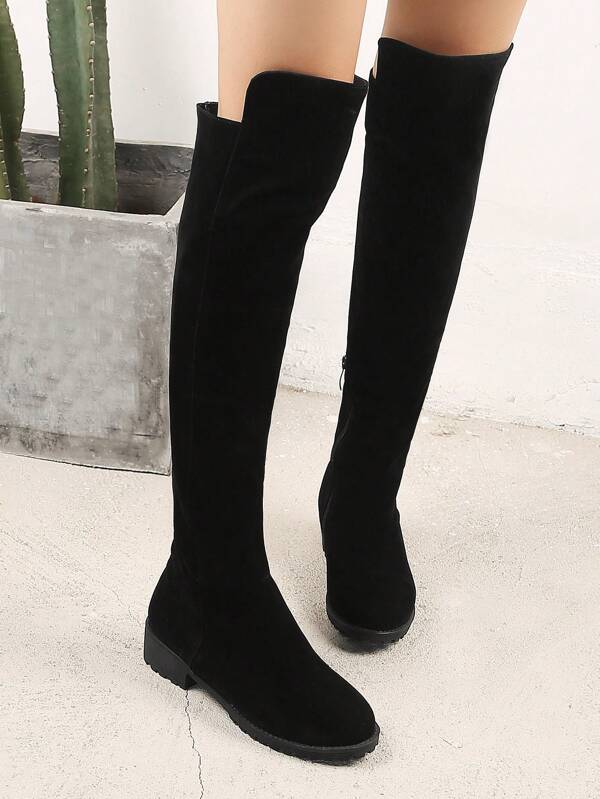 Women Side Zip Slip-on Riding Boots, Elegant Black Faux Suede Knee Boots