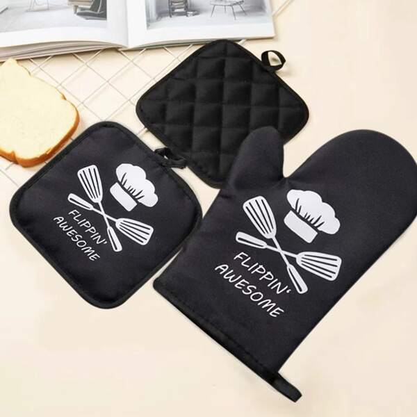 1pc Kitchen Printed Heat Resistant Glove And 1pc Heat Resistant Pad