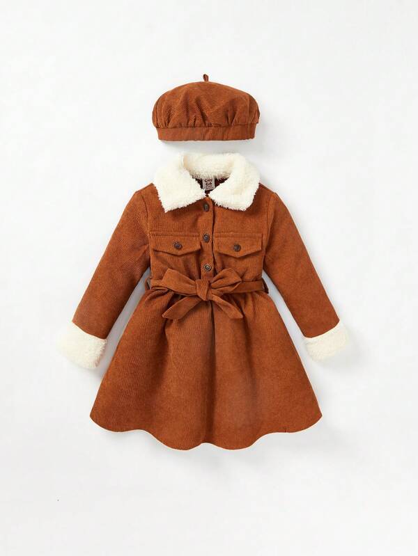 Cozy Cub للبنات الاطفال ياقة بورغ بتفاصيل رفرف حزام نسيج قطن فستان & قبعة