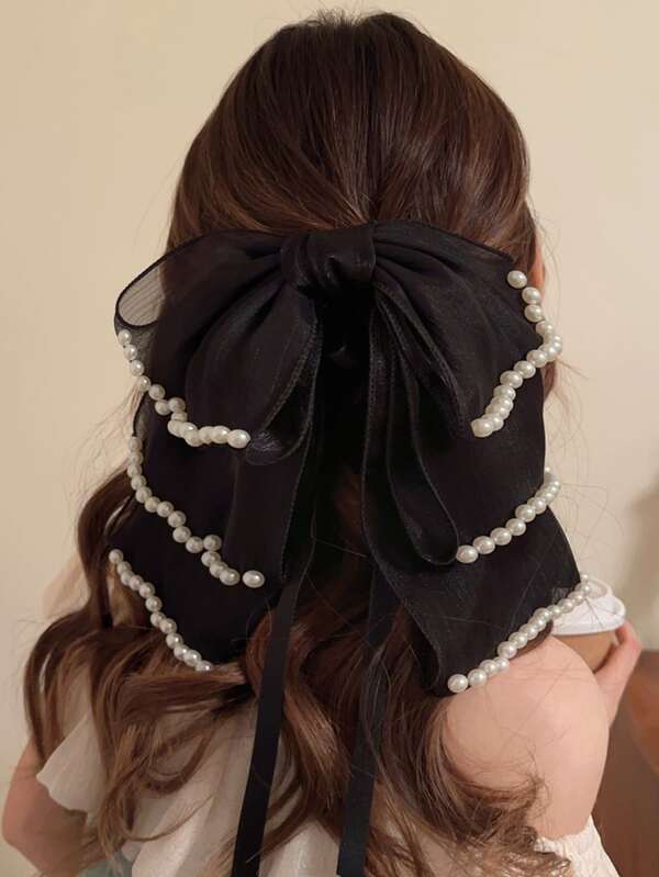 1pc Women's Pearl Strand Bowknot Hair Clip, Woodland Style Hairpin