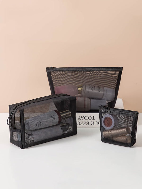 3 قطع شبكة حقيبة مستحضرات التجميل طقم , سعة كبيرة محمول مستلزمات المرحاض كيس للبنا