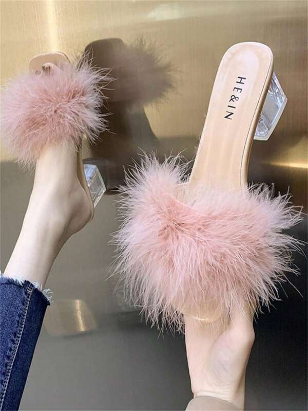 New Arrival Furry Mules Women's Chunky Heel High-heeled Slippers,