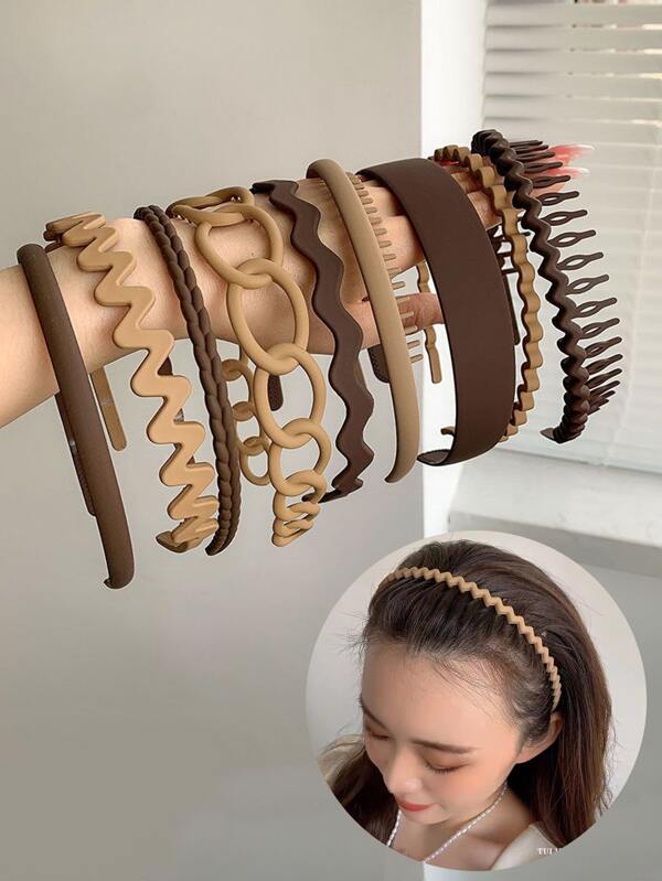 9pcs/set Women's Brown Frosted Plastic Hairbands
