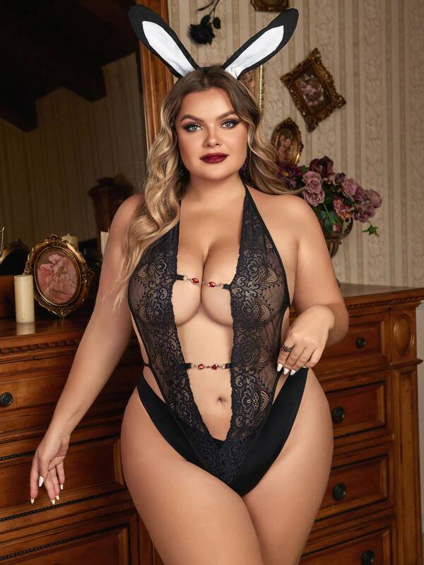 Plus Halloween Floral Lace Bunny Costume Bodysuit With Hairhoop