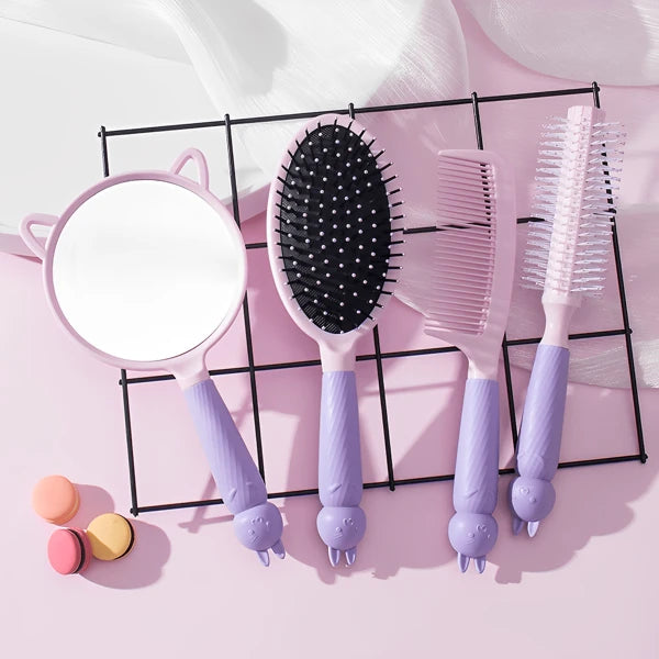 4pcs Women's Hair Brush & Mirror Set With Massaging Functio