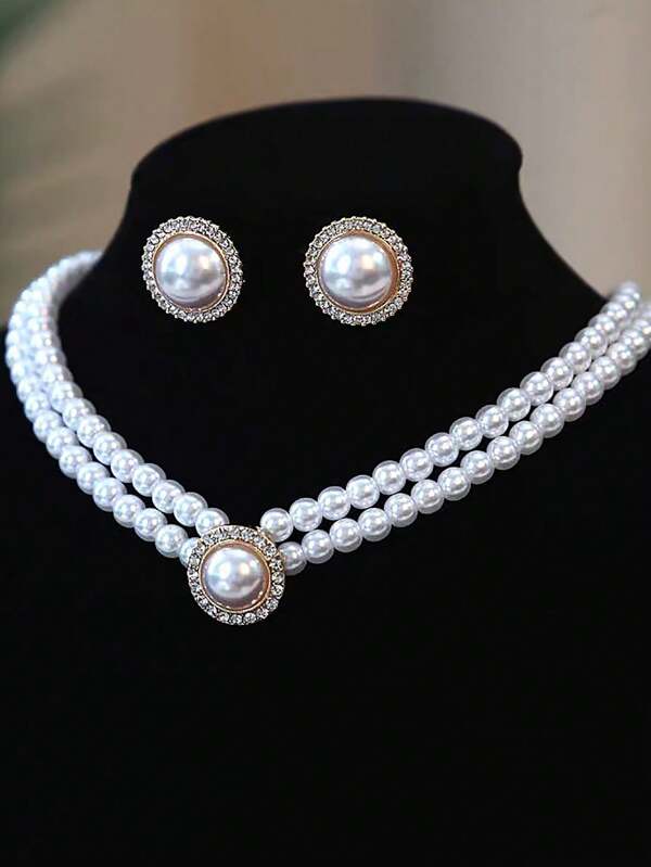 1pc Women's Fashionable Double Layer Faux Pearl & Rhinestone Nec