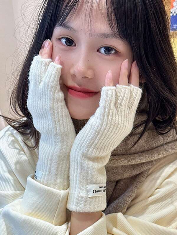 1pair Women's Knitted Solid Color Gloves With Label Design, Sweet