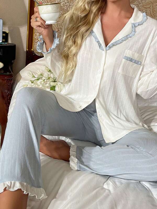 Contrast Lace Trim Button Front Lounge Set