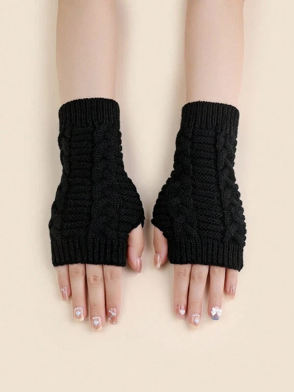 1pair Women's Solid Color Knitted Fingerless Gloves With Twisted Pattern,