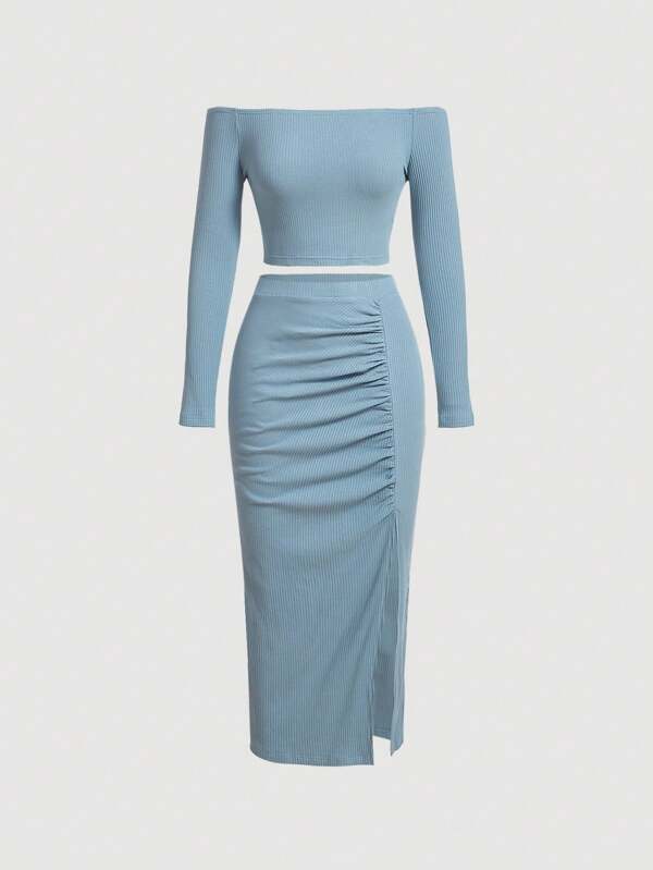 SHEIN MOD Off Shoulder Crop Top & Ruched Split Thigh Skirt