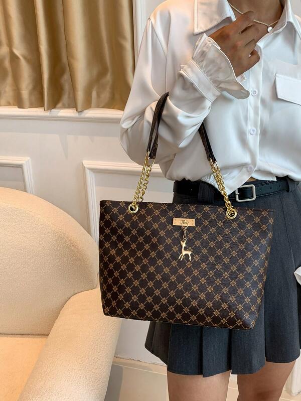 1pc Brown, Simple & Chic Diamond Pattern Pu Shoulder Bag With M