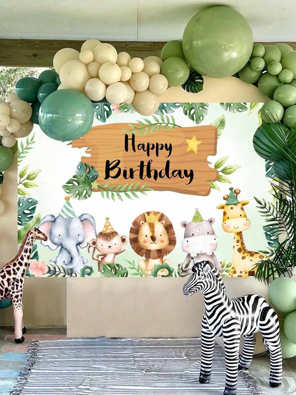 1pc Jungle Animal Theme Birthday Vinyl Banner With 