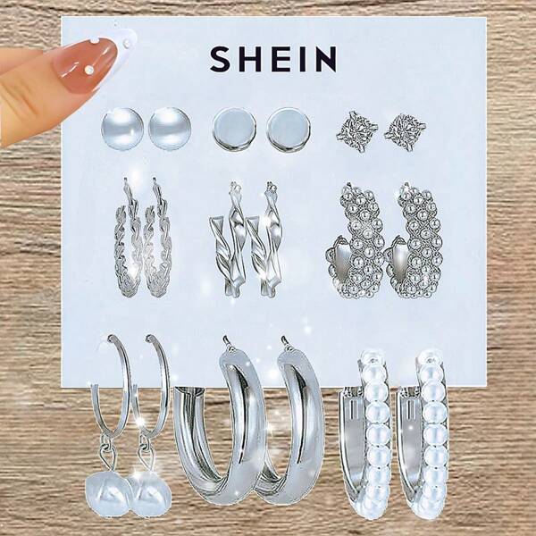 9pairs/set European & American Style faux Pearl Inlaid & Rhinestone D