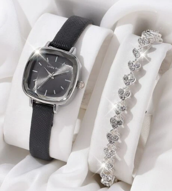 1pc Minimalist Square Pointer Quartz Watch & 1pc Rhinestone Decor Bracelet