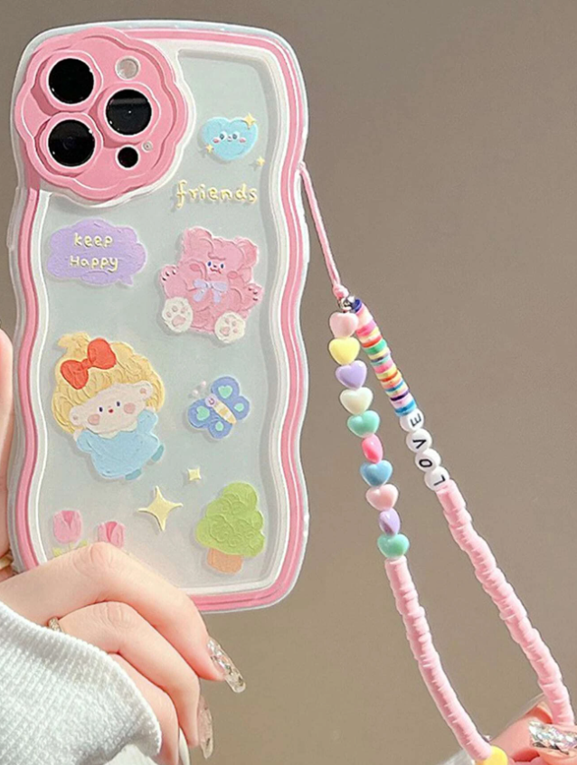 Cartoon Graphic Clear Phone Case With Beaded Lanyard