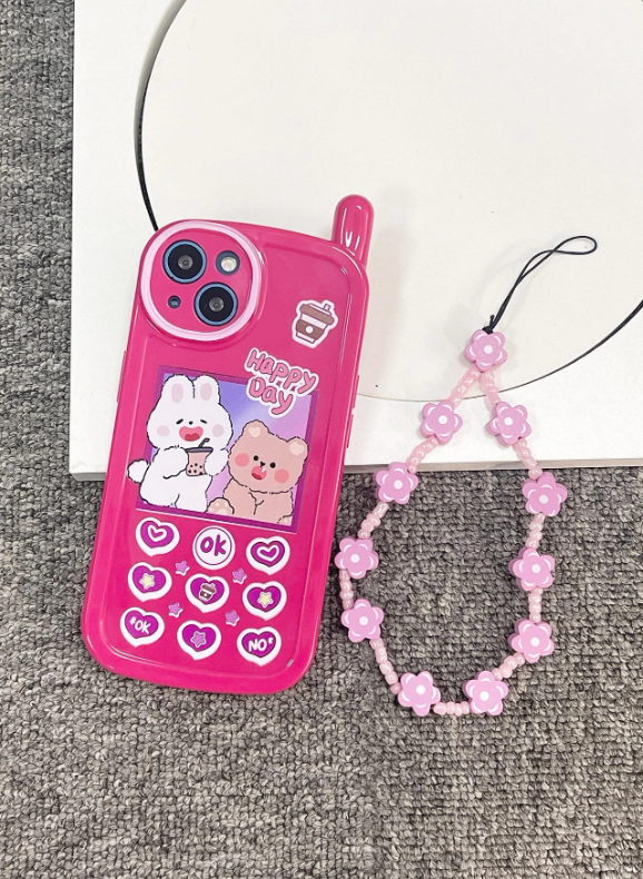 Cartoon Rabbit & Bear Print Phone Case With Lanyard