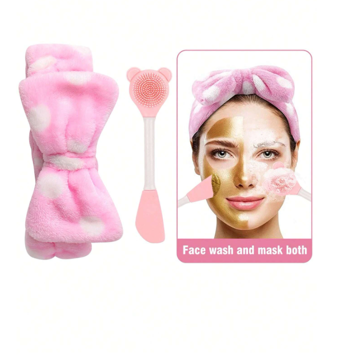 2pcs Face Cleansing Set, 1pc Double-Ended Multifunction Cartoon Bear Design Facial Cleansing Brush & 1pc Coral Fleece Soft Bow Decor Hair Band, For Blackhead Cutin Removal, Skin Care, Dig And Apply Mud Film, Face Wash And Face Care