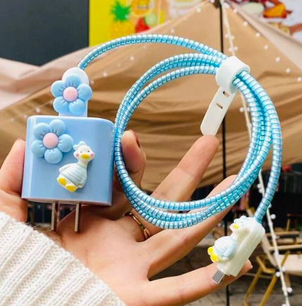 5pcs Flower & Duck Decor Data Cable Protector & Charging Head Cover Set