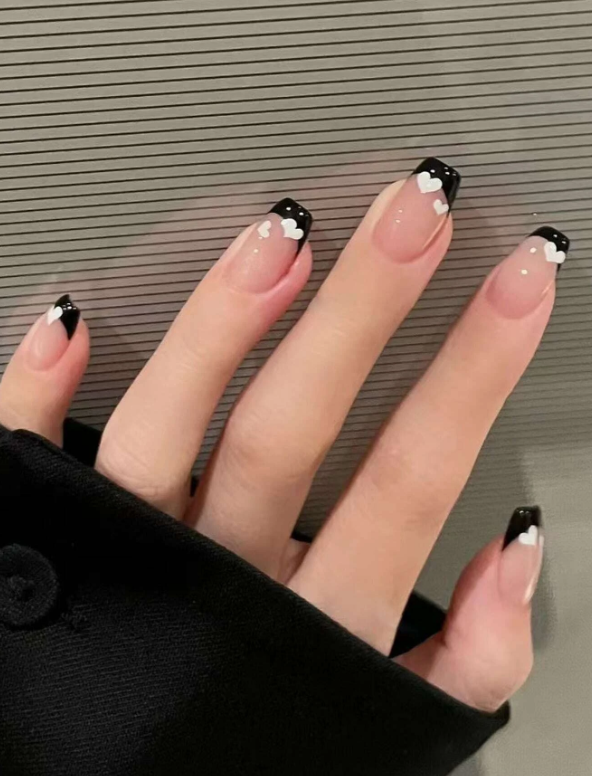 24pcs Long Coffin Heart Print Fake Nail & 1sheet Tape & 1pc Nail File