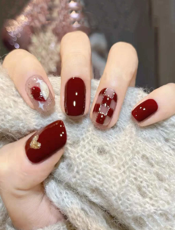 24pcs Jelly Red Chess Fake Nail With Glitter Decor, Pressed On Fake Nail, Artificial Finger Nail For Women & Girls With 1 Jelly Glue & 1 Polishing Strip