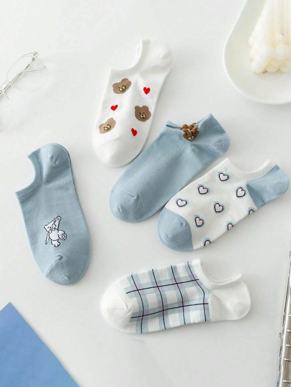 5pairs Women Bear & Heart Print Fashionable Invisible Socks For Daily Life