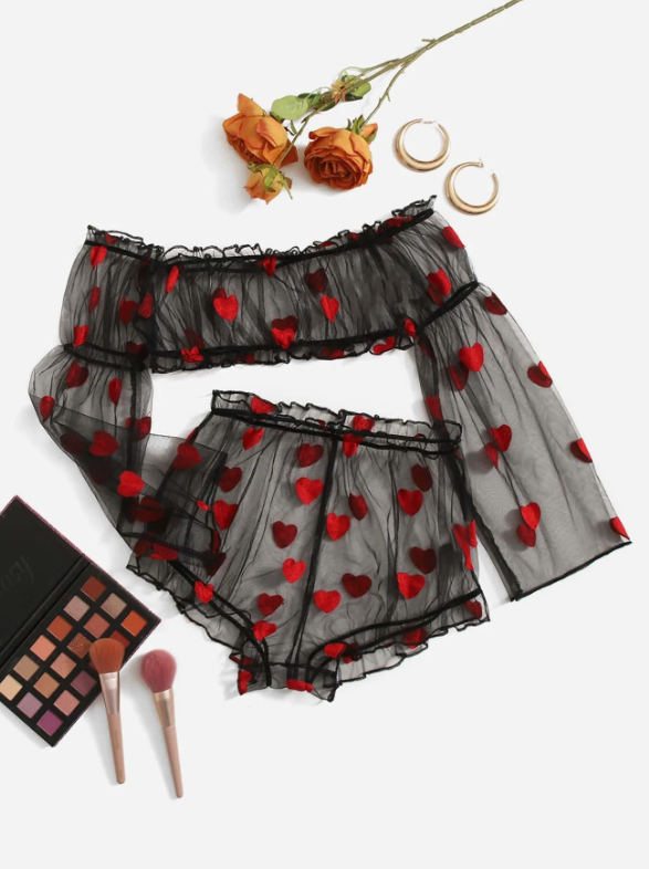 Heart Embroidery Mesh Lingerie Set