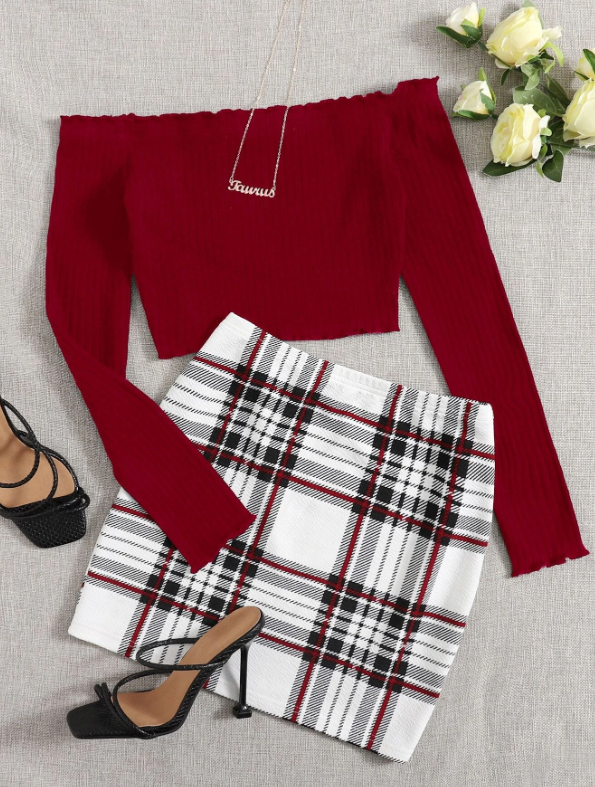 SHEIN Unity Off Shoulder Lettuce Edge Tee and Tartan Skirt Set