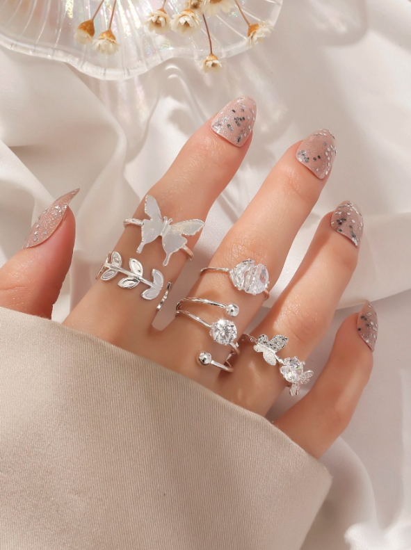 5pcs Cubic Zirconia & Butterfly Decor Ring
